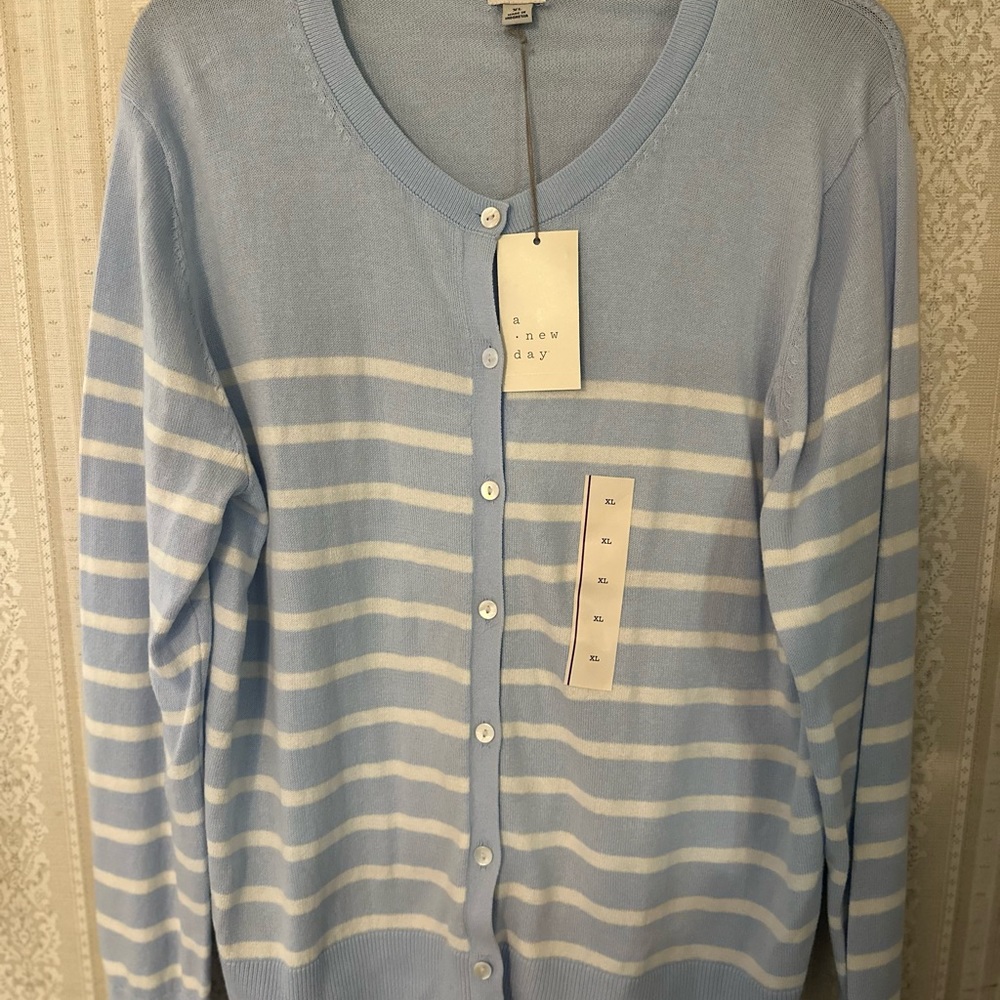 A New Day Light Blue & White Striped Button Down Cardigan Women's Size XL NEW